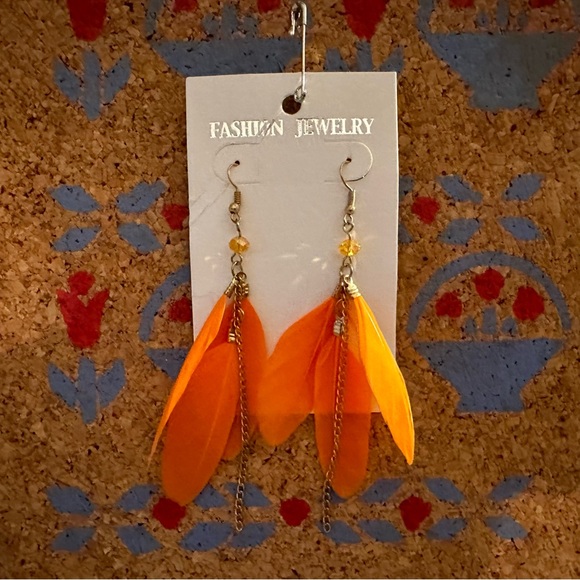 Orange and Gold Feather Dangle Earrings - Fashion - Picture 3 of 3